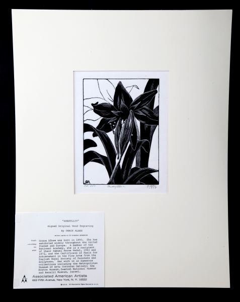 SIGNED GRACE ALBEE WOOD ENGRAVING AMARYLLIS: Signed (G. Albee) and dated (1978) in LR, titled in LC and "ed. 250" in LL. Image size 7 by 5 inches. In very good condition on original back with matte cover & tissue. COA from Associated American Ar