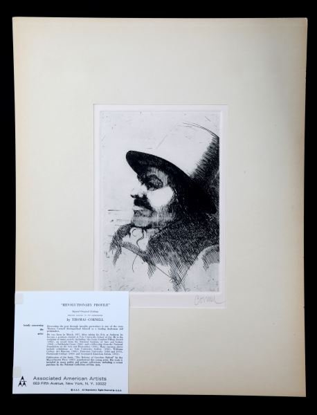 SIGNED THOM. CORNELL REVOLUTIONARY PROFILE ETCHING: "Revolutionary Profile" by Thomas Cornell pencil signed (LR) etching numbered 153/250 (LL). On original backing with matte cover and tissue. COA from Associated American Artists is also attached with