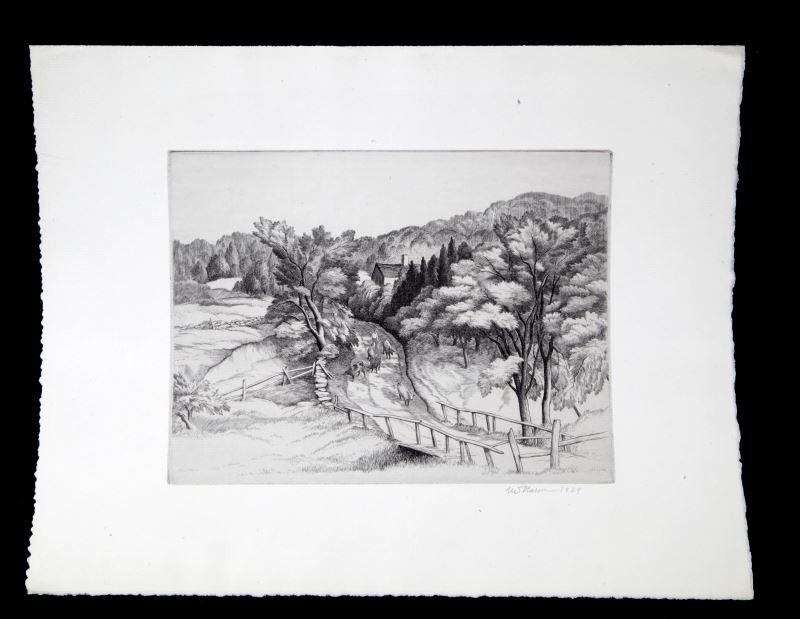 SIGNED THOMAS NASON ENGRAVING PRINT 1939: Signed Thomas Willoughby Nason engraving. The title of the work is unknown. The work depicts a man and sheep on a country road. Unframed, but very good condition. 9.5 by 12.25 inches.