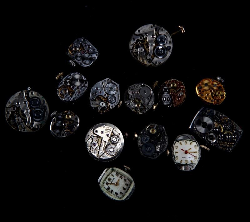 SMALL LOT OF 14 VINTAGE LADIES WATCH MOVEMENTS: All vintage mechanical jeweled watch movements, 14 in all. Manufacturers included: Hamilton, Movado, four by Bulova, two by Caravelle, Tissot, Longines, Benrus, Sada, Elgin and Lyceum. All for parts;