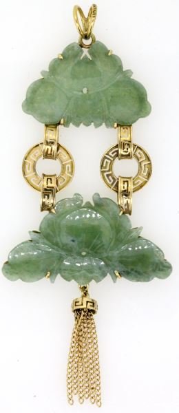 LADIES 14KT YEL GOLD CARVED SOAPSTONE PENDANT: Two carved pieces of light green soapstone, floral pattern, adorned with 14kt yellow gold trim and chain dangles. Rabbit ear bail.