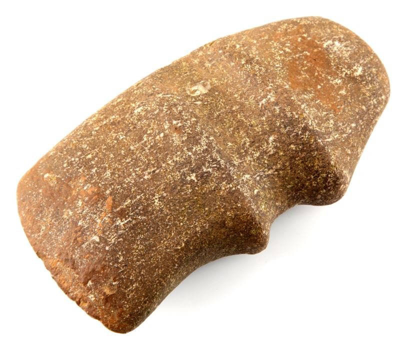 3/4 GROOVED NATIVE AMERICAN KENTUCKY STONE AX HEAD: Green and brown stone axe head found in Kentucky. This item was formerly part of the A. Garrison Collection. This axe head was from the late Archaic to Woodland period. 6 inches long, 3.5 inches wide.