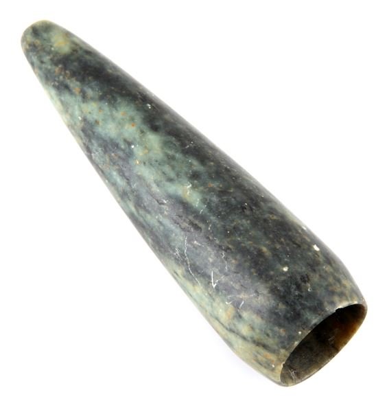 GREEN STEATITE NATIVE AMERICAN TUBE PIPE: Polished green steatite conical tube pipe. The stone is smooth and polished, multicolored with various shades of green and flakes of brown. The drilling is complete and even. The stone has some scratc