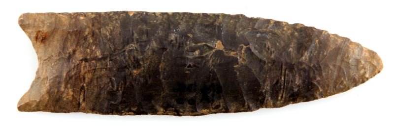 PALEO BEAVER LAKE POINT DEKALB COUNTY ALABAMA: Paleo "Beaver Lake" arrowhead found in Delkalb Co, Alabama. Nice worn patina to blade and edges, parallel primary chipping with thinning flakes towards base. Measures 3.25 inches. Very good condition.