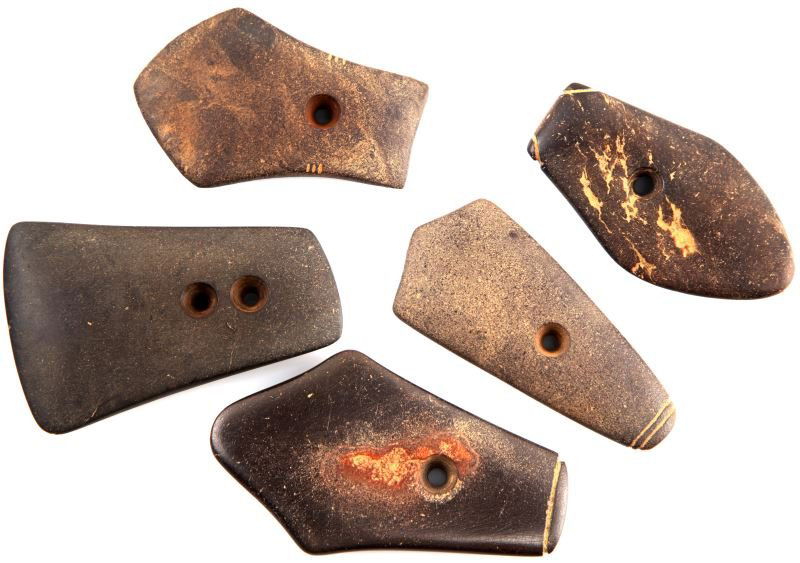 NATIVE AMERICAN DRILLED GORGETS PENDANTS LOT OF 6: Native American gorgets, lot of 6. Made of greenstone and darker stone. Most pieces incised at top or on sides. One has two holes, the others have one. Polished, smooth feel. Most measure around 3 inc