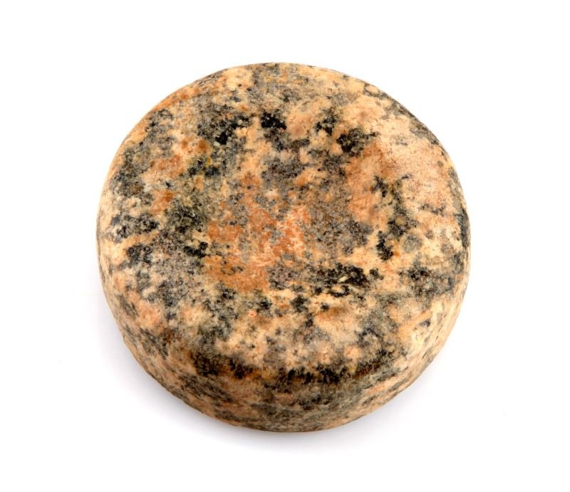 GAME STONE DISCOIDAL LOGAN OHIO FOUND 1972: Native American game stone discoidal. Found in Logan, Ohio (5/1972). Shallow cupped on each side. Measures 2.25 inches across and 1 inch in thickness. Very good condition. From private collection of a