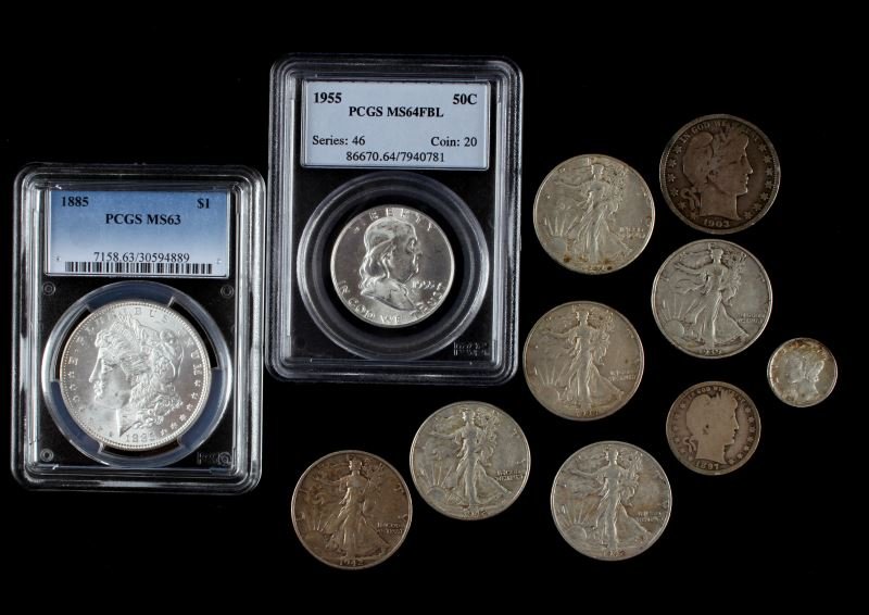 11 US SILVER MIXED COIN LOT MORGAN BARBER WALKERS: Varied lot of collectible US silver coins, some certified. Lot contains: 1885 Morgan Silver Dollar PCGS MS63, 1955 Franklin Half Dollar PCGS MS64FBL with the desired Full Bell lines for strong strike,