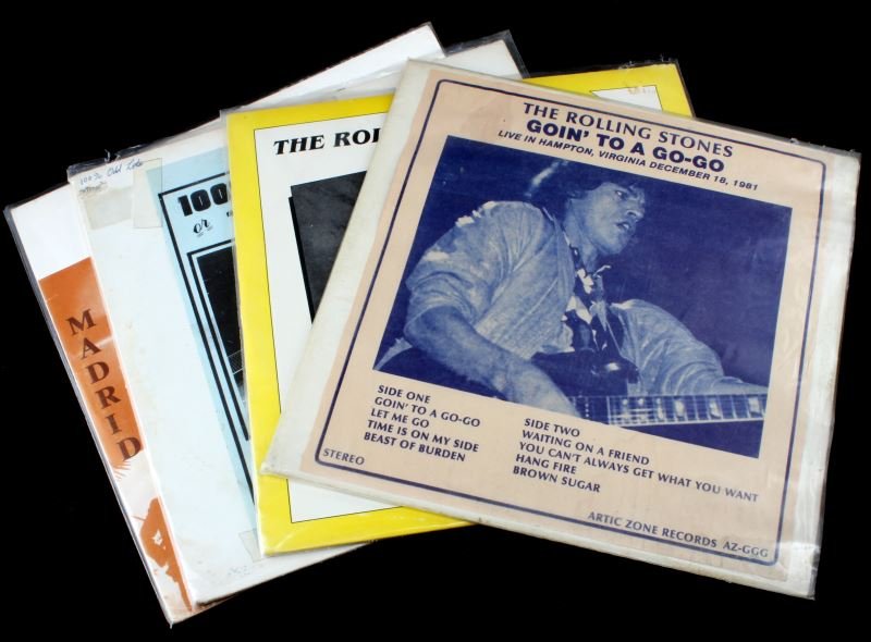 RARE BOOTLEG ROLLING STONES VINYL RECORDS 1967-82: The Rolling Stones Bootleg vinyl records, lot of 4. Includes: Goin to a Go-Go (Hampton, VA 12/18/81), Live from England double (Albert Hall, 1974), Madrid July 1982 double, and 100% Odd Lots (Stones V