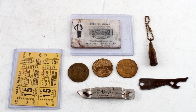 ANTIQUE ADVERTISING TICKETS WHISKEY BEER & MORE: Includes two 1968 Astro Theatre, Greenville, South Carolina Gone With The Wind, mint unused tickets, Enna Jetticks Cash Department Store Griffin, Georgia advertising mirror, Buffalo Brewing Company Sa