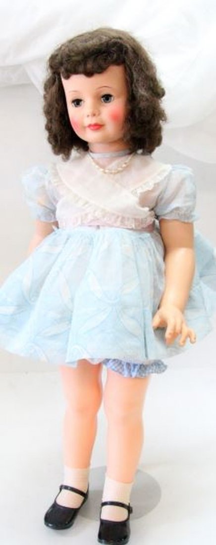 IDEAL PATTI PLAYPAL LIFE SIZE DOLL G35 CURLY HAIR: Ideal Patti PlayPal doll, G35. Brown curly hair, rosy cheeks, vintage dress (torn) and bloomers. Vinyl and hard plastic construction. Marked to base of head. Very good condition. From the Jeryl Matloc