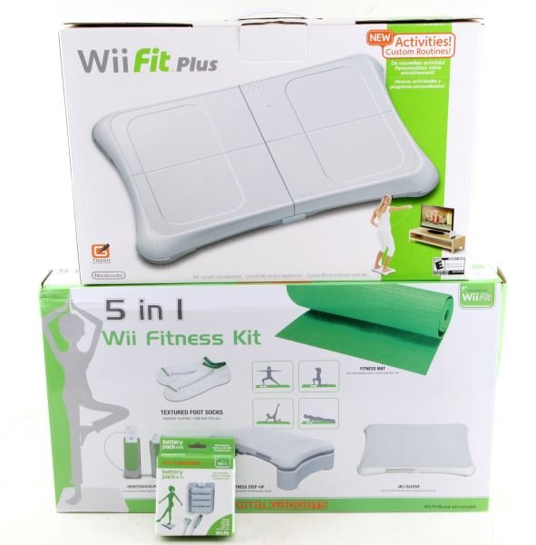 WII FIT PLUS BOARD WITH ACCESSORIES AND MORE: Includes Wii Fit board, battery pack for Wii Fit board, 5 in 1 Wii Fitness Kit, and Wii fit disc. Overall in very good condiiton.