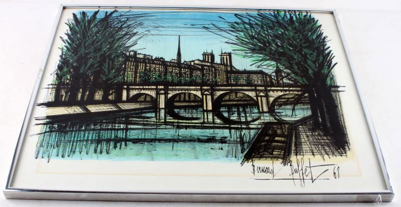 1968 BERNARD BUFFET PARISIAN BRIDGE LITHOGRAPH: Bernard Buffet (French, 1928-1999) lithograph of a bridge over the Seine with Notre Dame in the background. Singed and dated in-plate in the lower right Bernard Buffet, measures 19 by 23 inches (19.25