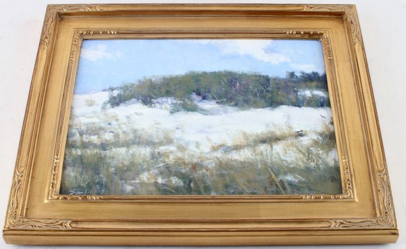 JOHN STANFORD OIL ON BOARD BEACH SCENE FLORIDA: John Stanford (Florida native) oil on board painting. Depicting Florida beach scene, sand and brush. Signed to lower left. Measures 15 by 12 inches in gilt frame. Very good condition. From private col