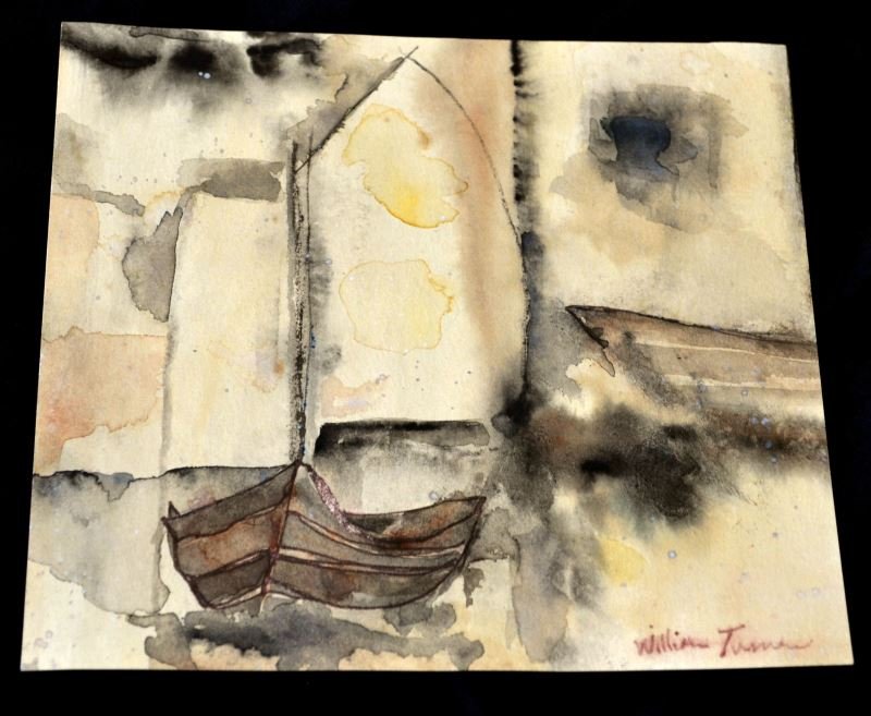 WILLIAM RALPH TURNER BOAT WATERCOLOR SKETCH: William Ralph Turner (1920-2013) rough watercolor sketch of a boat. Measures approximately 6 by 6.5 inches. Signed on the bottom right in red. No tears or bending. Overall very good condition. 0
