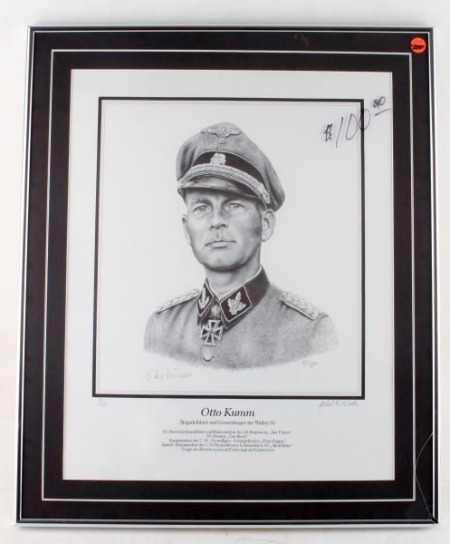 GENERAL OTTO KUMM SIGNED PRINT BY M WOOTEN: Signed portrait of SS General Otto Kumm made by Michael Wooten. This work is also signed by the artist. This print is accompanied with a COA and biographical information on Kumm. This work is framed, 