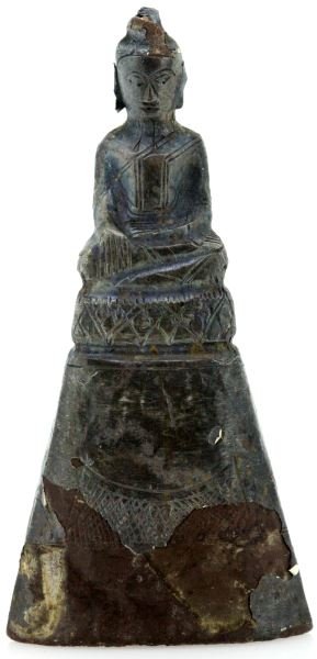 SILVER CLAD BURMESE BUDDHA 18TH CENTURY: Antique silver clad Burmese Buddha votive figurine, measuring 3.5 inches tall. The silver foiling has peeled off towards the base, the back towards the center, and on the head. The figurine is detaile