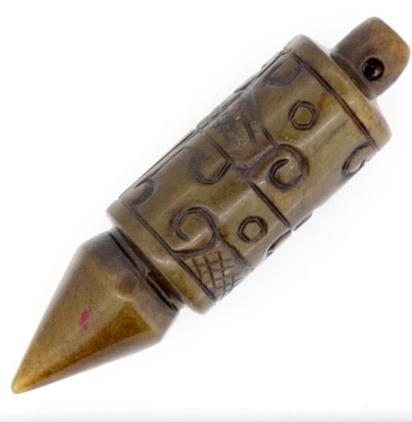 ANTIQUE BROWN JADE CYLINDER PENDANT CHINESE: Chinese antique brown jade pendant possibly from the Zhou Dynasty. The cylindrical area has geometric carvings. The pendant has a pointed end. 3 inches long. Very good condition 0