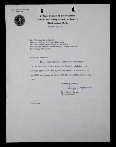 1941 DOCUMENT SIGNED BY J. EDGAR HOOVER: 1941 Federal Bureau of Investigation document signed by director John Edgar Hoover. Has two holes at the top where it appears as though it fit into a binder. In a plastic slip cover. Overall very good