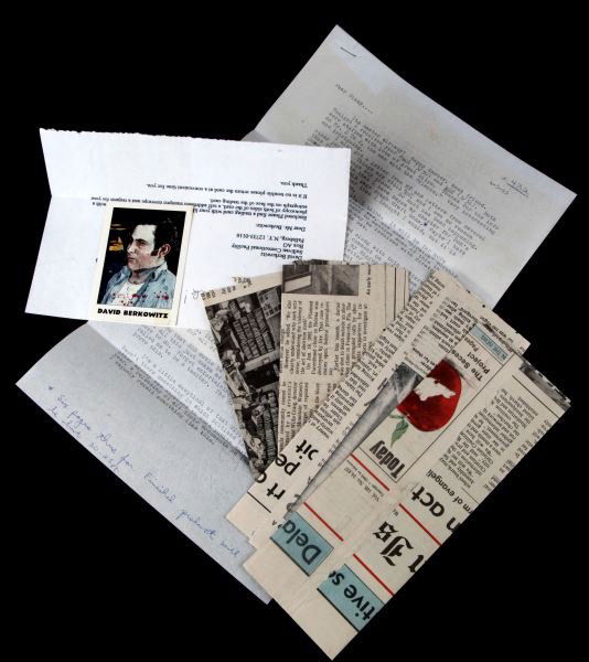 DAVID BERKOWITZ LETTER WITH TRADING CARD: Typed letter written by David Berkowitz in 1993, includes a trading card. This letter, dated March 4, 1993, discusses his television and book projects, has annotated newspaper clippings, and includes