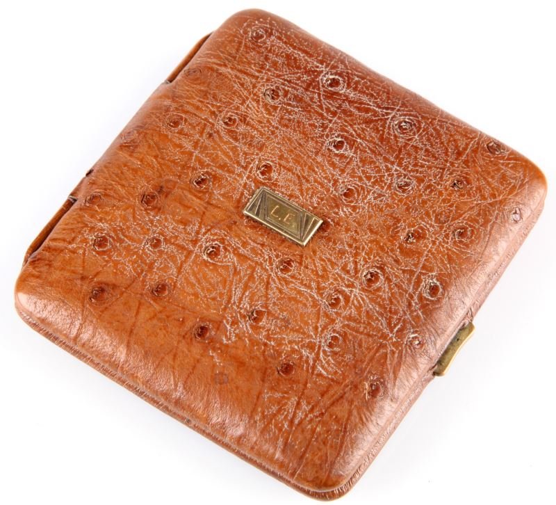 1930'S GENUINE OSTRICH VINTAGE CALLING CARD CASE: Vintage Ostrich business card case, circa 1930's. Square shaped with brass initialed label to center (L.E). Orange silk morie lined interior with 2 pockets. Very good condition. 0