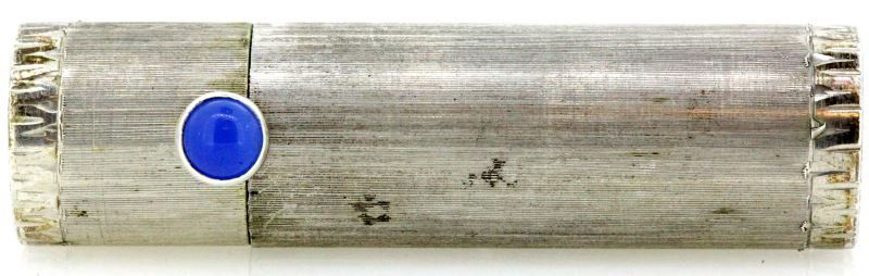 VINTAGE 800 SILVER LIPSTICK TUBE CASE: Mid-20th century 800 silver lipstick case with blue stone. Some tarnishing but overall good condition. 2 inches tall. 17 grams. The lipstick can be pushed up and down, but it is tight. 0