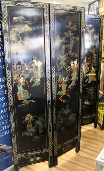 VINTAGE JAPANESE FOUR PANEL LACQUER FLOOR SCREEN: Four panel Japanese floor screen 6 foot tall and totaling 6 foot wide. Lacquer wood with floral painted panels on back and painted panels on front with applied figures of Women in Jadeite, soapstone a