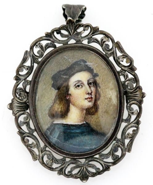 ANTIQUE SILVER BROOCH W IVORY PORTRAIT: Antique silver brooch, stamped "800" with Renaissance artist Raphael's self portrait painted on ivory. The portrait is framed in an ornate floral silver frame. The portrait has some wear, but the item