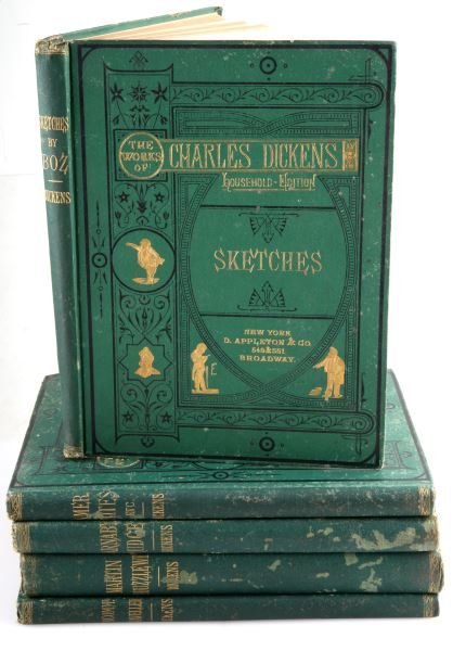 5 1870S HOUSEHOLD EDITION CHARLES DICKENS BOOKS: Five classic 1870s Household Edition Charles Dickens books: Sketches by Boz, The Uncommercial Traveler, The Life and Adventures of Martin Chuzzlewit, American Notes and Pictures from Italy, and Barnab