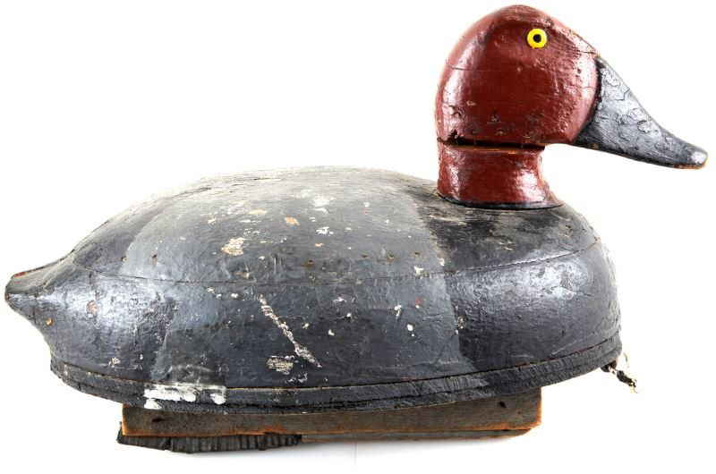 ANTIQUE PRIMITIVE RED HEAD DRAKE DUCK DECOY: Hand carved wood with painted metal tack eyes, original paint with some loss, lead weighted center board, overall very good, measures 14 inches. 0