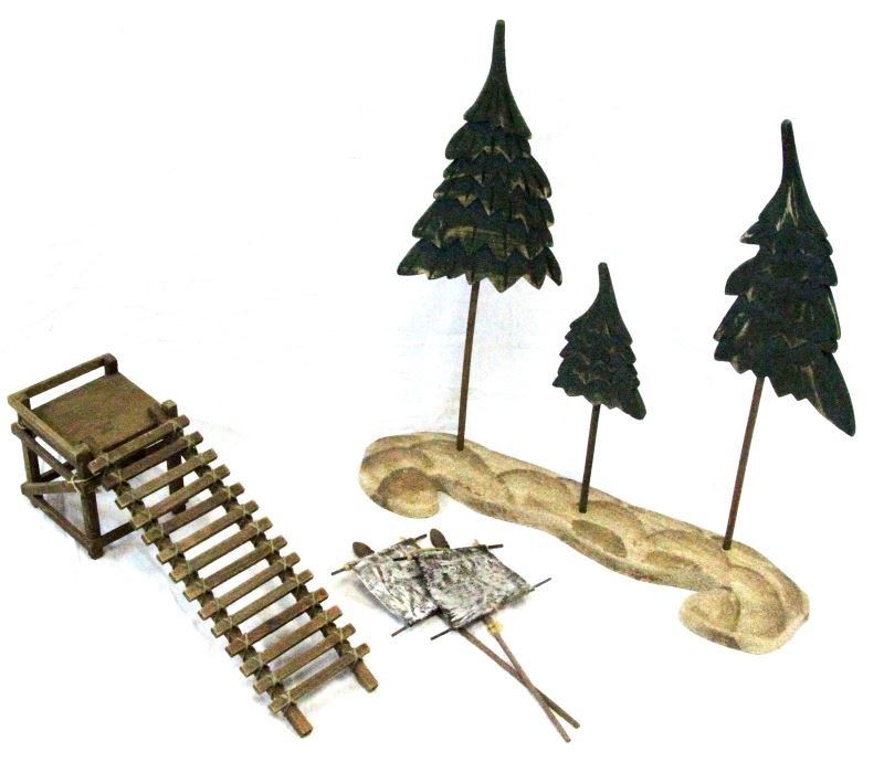 MISCELLANEOUS WOODEN OUTDOOR DOLL LANDSCAPE: Outdoor landscape for dolls and toys. Includes: wooden stairs and dock, and sand composite landscape piece with removable Christmas trees. Very good condition. From the Jeryl Matlock Doll & Toy Collec