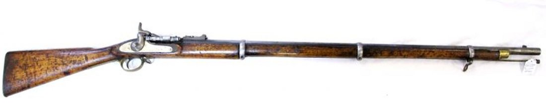 1862 ENFIELD-SNIDER CONVERTION .577 RIFLE: BSA Co stamp on breech door along with two ** and "II" on breech. All proof marks are clear and visible. Lock plate is marked with crown & "VR". Dated 1862 with Enfield name plus crown & broad arrow m