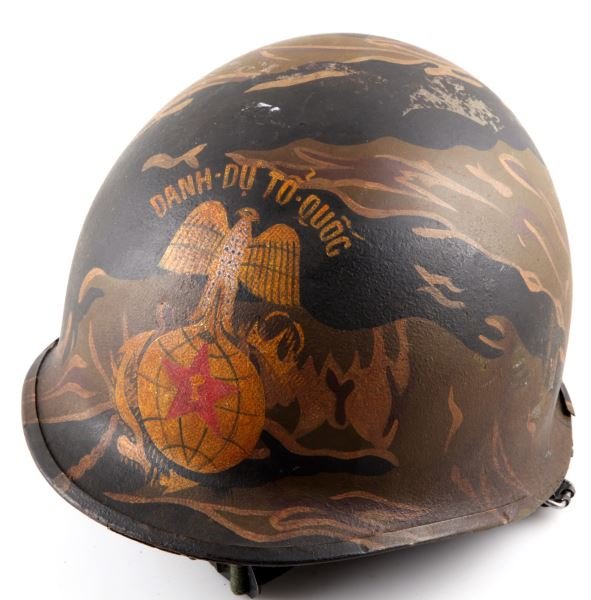 ARVN MARINE M1 HELMET W SWIVEL BALES & LINER: ARVN Marine M1 helmet painted with Republic of Vietnam Marine Corp emblem and unique camoflauge. Helmet has swivel bales, rear seams, a standard chin strap, and a liner with the number 430 written on 