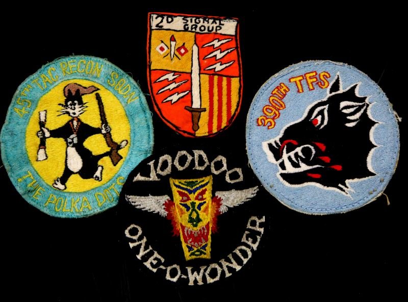 4 IN COUNTRY MADE VIETNAM U.S. & CANADA PATCH LOT: Includes gauze back CF-101 Canadian "One-O-Wonder", 390th TFS with Ace Novelty tag from Tokyo, 45th TAC Recon SQDN "The Polka Dots", and the @nd Signal Group. 0