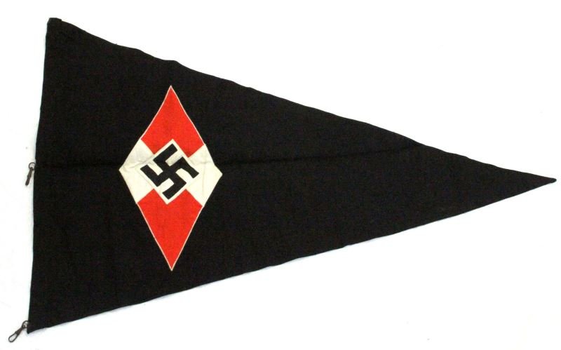 GERMAN THIRD REICH HITLER YOUTH PENNANT W/ RZM TAG: Third Reich BDM pennant, complete with RZM issue tag and hardware, one piece of three missing. Handmade cotton multi piece construction, swastika on top of flag on top of pennant. On obverse side a "T