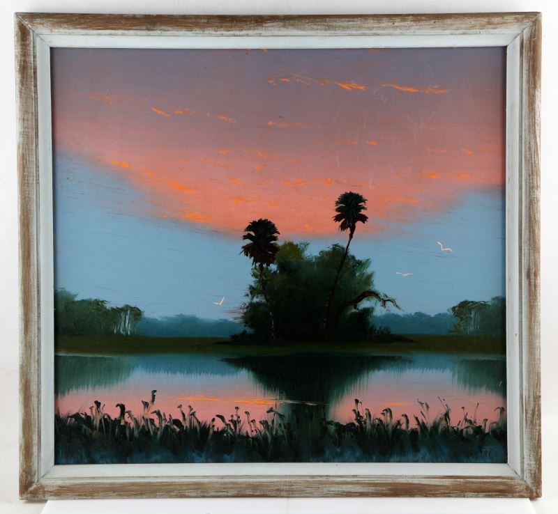 LEMUEL NEWTON SIGNED WORK ON MASONITE 24X26": Signed work by Lemuel Newton (b.1950), one of the Florida Highwaymen. The Highwaymen are well known Folk Artists who painted Florida landscapes from the trunk of their cars on the side of the road. Th
