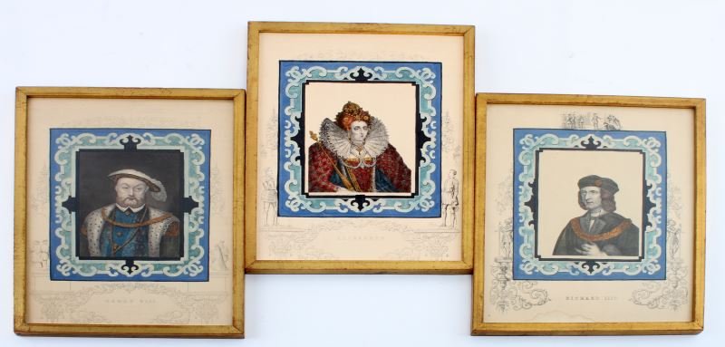 HAND COLORED AND FRAMED ENGLISH MONARCH ENGRAVING: Grouping of three handcolored engravings depicting English monarchs. This set includes Queen Elizabeth I, King Henry VIII, and King Richard III. These works are not signed. They are in matching golden