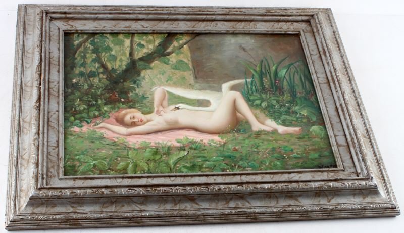 ORIGINAL OIL ON BOARD LEDA & SWAN SIGNED VARPON: Oil painting depicting "Leda and Swan", a story in Greek mythology. Signed "Varpon" to lower right. Reclining Leda with swan on top, laying in the garden. Measures 22 by 18 inches in frame. Very good 