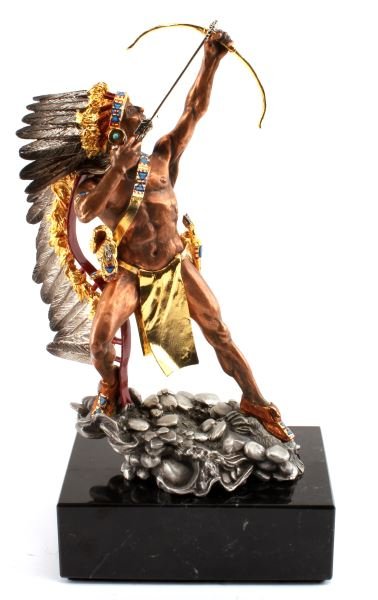 SHOOTING STAR CHILMARK PEWTER STATUE BY SULLIVAN: 12 inch "Shooting Star: The Warrior's Offering" Chilmark pewter statue by T. Sullivan. Artist's name and the number 833/950 appear on statue. Marble base. Underside of base has a brass plate with the