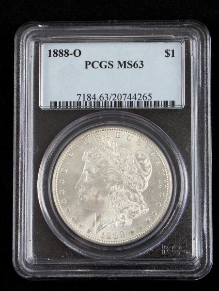 1888 US O MORGAN SILVER DOLLAR COIN $1 PCGS MS63: 1888 Morgan Silver Dollar "O" mint mark. PCGS graded MS 63. Typically poorly struck and heavily bagmarked according to Wayne Miller author of "The Morgan and Peace Dollar Textbook". However, this coin