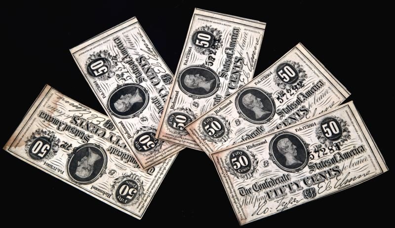 5 CONFEDERATE STATES 1864 FRACTIONAL BANK NOTE LOT: All notes are XF/UNC some light water stains are present two have sequential serial numbers, free of tears, pinholes or creases.