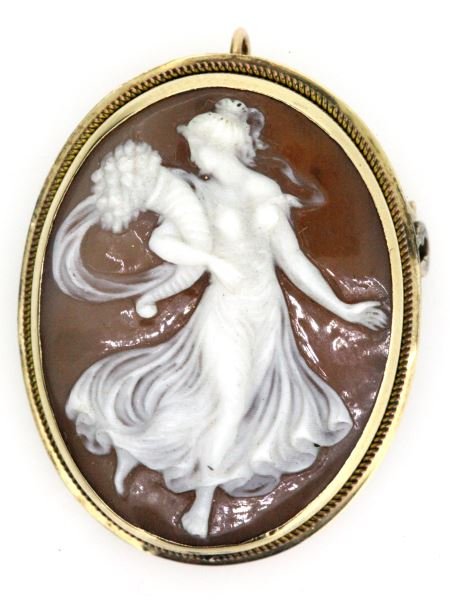 LADIES 14KT YELLOW GOLD SHELL CAMEO BROOCH PENDANT: Very nice shell cameo, darker shade, with nice detail work. Bezel set into 14kt yellow gold frame, measuring 32.2mm tall, 25.3mm wide. Features tube hinge on pin and bail for pendant wear. This lot ha