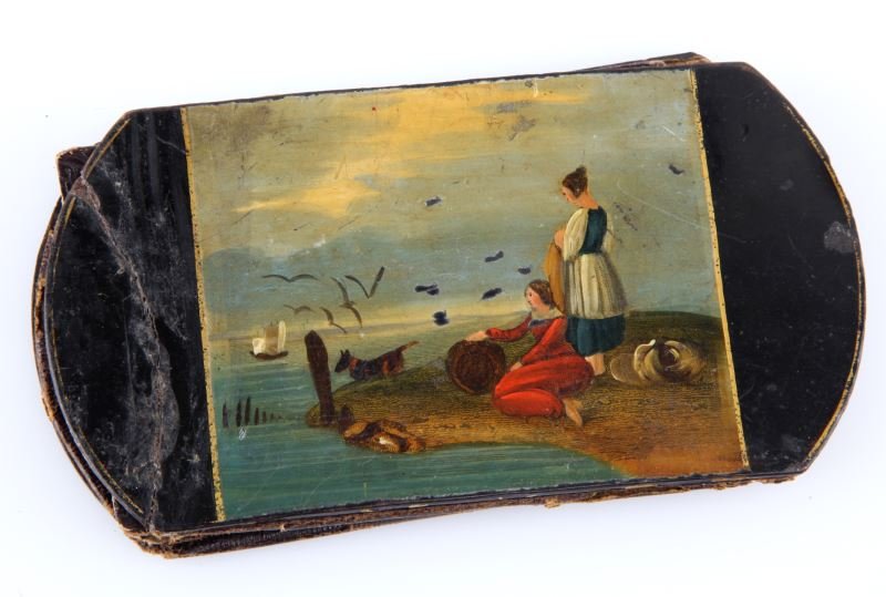 CIVIL WAR ERA HAND PAINTED PAPER MACHE CIGAR CASE: Shore scene with dog, not signed, light paint chipping, the case is complete but separated.