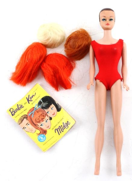 MIDGE FASHION QUEEN MATTEL BARBIE 1962 JAPAN: Vintage Mattel Midge Fashion Queen with interchangeable hair. The doll is marked Japan at the bottom of her foot. This doll comes with four different colored wigs, and they come in different lengths.