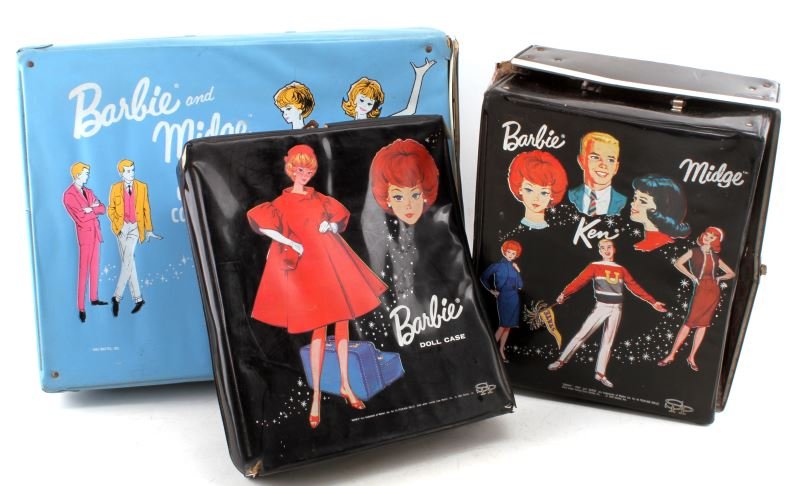 LARGE VINTAGE MATTEL BARBIE LOT 4 DOLLS 3 CASES: Vintage 1950's Midge and Barbie dolls and a 1960's Ken. This lot includes Three doll cases, seven Mattel catalogues, clothing, and five dolls. However, one doll is missing it's head. The majority of t