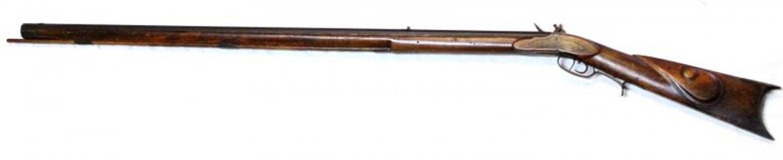 56.5 INCH P. KANE SMALL BORE FLINTLOCK RIFLE: 56.5 inch small bore flintlock black powder rifle. 41 inch octagonal barrel. Barrel has "P KANE" inscribed on topside near firing mechanism. The Kane's Rifles were a Union regiment from Pennsylvania d