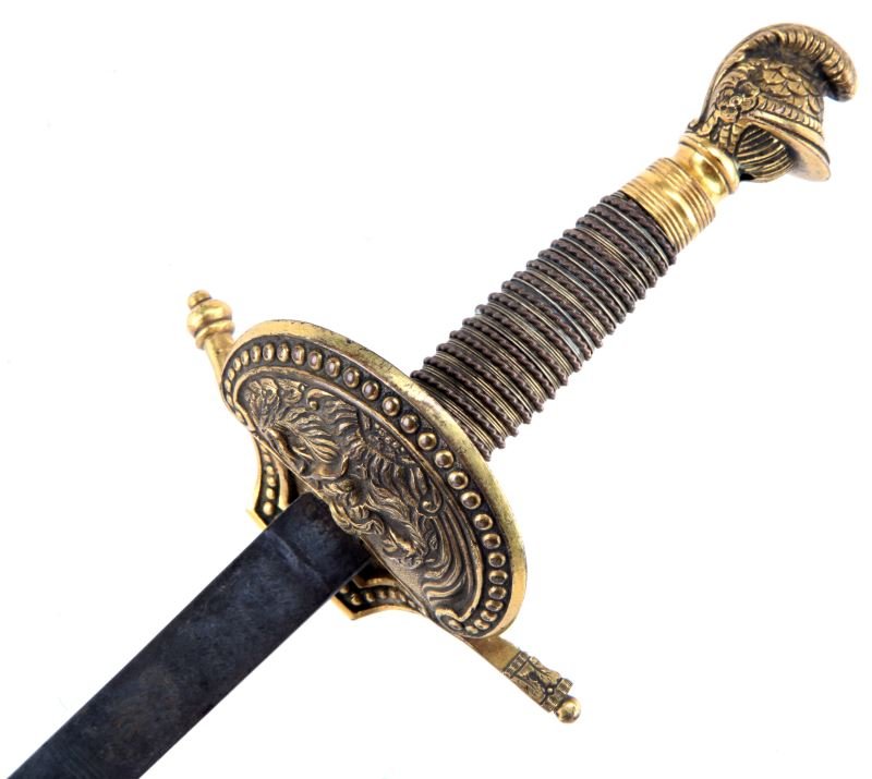 EARLY 19TH CENTURY PROBABLE FRATERNAL SHORT SWORD: Ricasso is etched Hamburger Rodgers & Co. 30 King St Covant Garden London, also faint floral sprays are visible, Knights head pommel, the crossguard shield has a figural two headed eagle, well crafted
