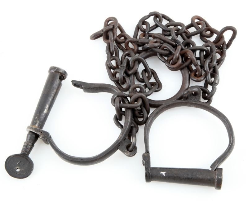 HAND ANTIQUE CONVICT LEG IRONS W KEY