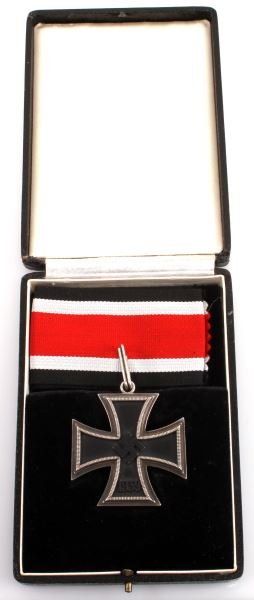 CASED GERMAN WWII KNIGHTS CROSS TO THE IRON CROSS: Silver Knight's Cross to the Iron Cross. Upper cross arm frame reverse stamped with "4" & "835" The 4 mark is stamped in incuse relief (made by Steinhauer & Lueck). The ribbon suspension ring is also