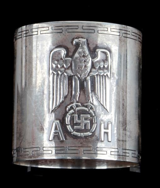 ADOLF HITLER FORMAL PATTERN NAPKIN RING 935 SILVER: Authentic Personal formal table ware napkin ring from German Dictator Adolf Hitler. Fine original formal silver napkin ring from one of Hitler's formal dinner services, 1.75 inches tall, 1.5 inches in