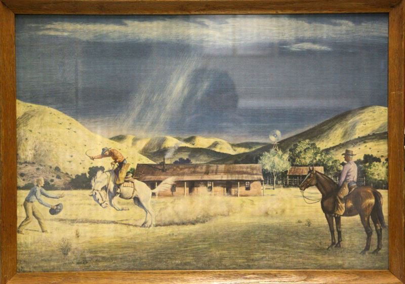 VINTAGE PETER HURD FRAMED HIS FIRST RIDER PRINT: Peter Hurd remains one of the country's most popular western artist. This framed 21 inch by 15" inch print is presented by California gold label beer and is in very good condition.